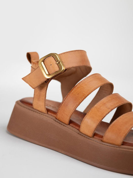 Δερμάτινα Γυναικεία Σανδάλια Flatforms Ταμπά