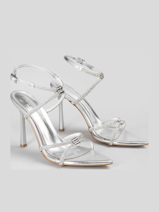 Leather Sandals with Strass Silver