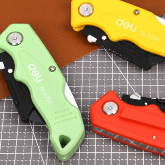 Folding Cutting Knife Button Metallic Set 4 Pcs & 10 Blades Various Colors Deli