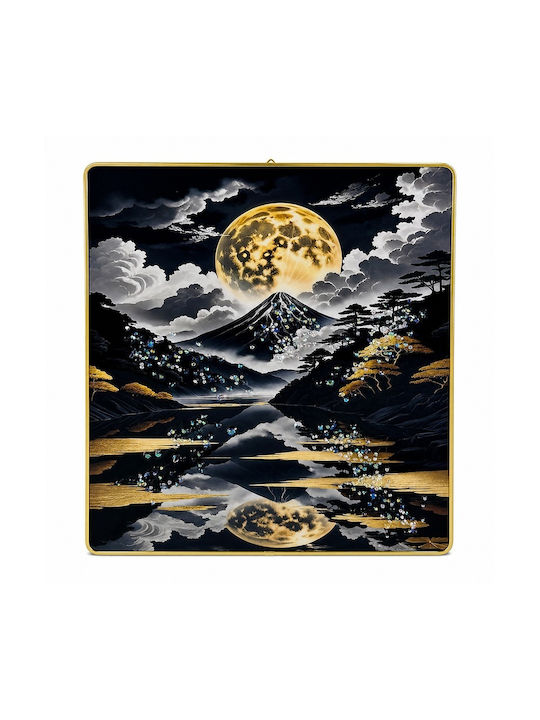 Pictură Decorativă Modernă Mount Fuji Lună Plină 3D Embosată Cristale Cadru Auriu 40x30 Cm