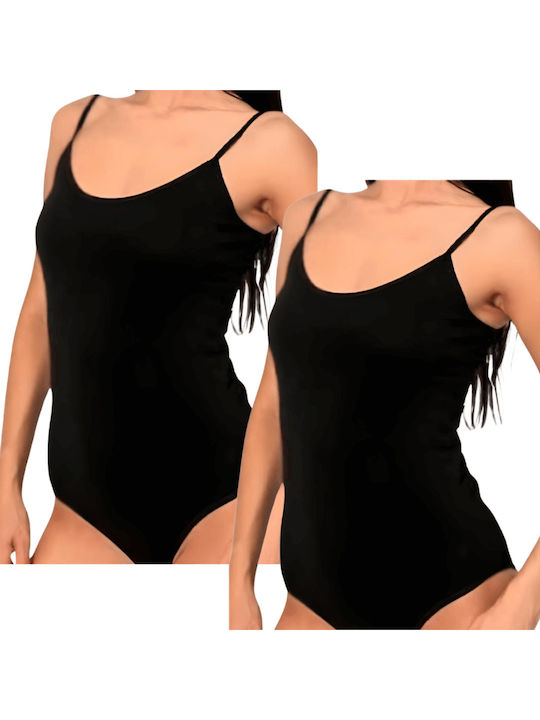 Damen-Bodysuit Bamboo Set 2 Teile Träger & Rundhalsausschnitt Schwarz