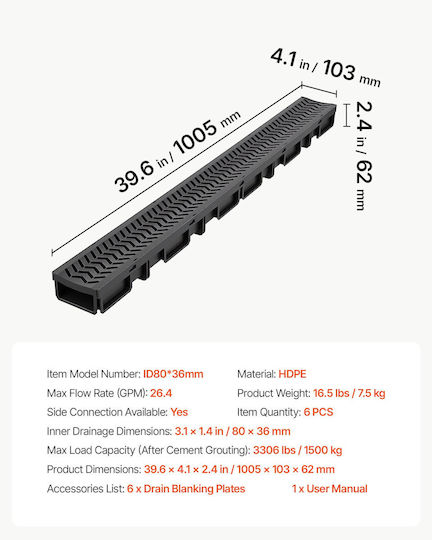 Vevor Channel with 62mm Outlet and Size 100.5x10.3cm Black 6 Pieces