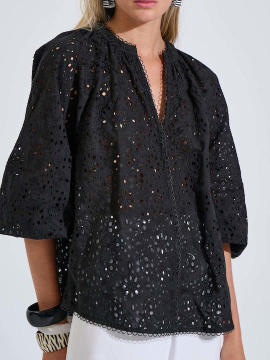 Damen Baumwollbluse mit 3/4 Ärmel Schwarz