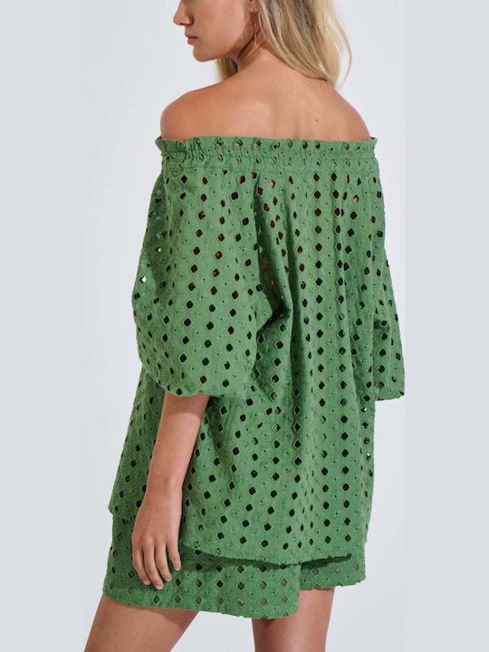 Bluză Damă Din Bumbac Off-Shoulder Cu Mânecă 3/4 Verde