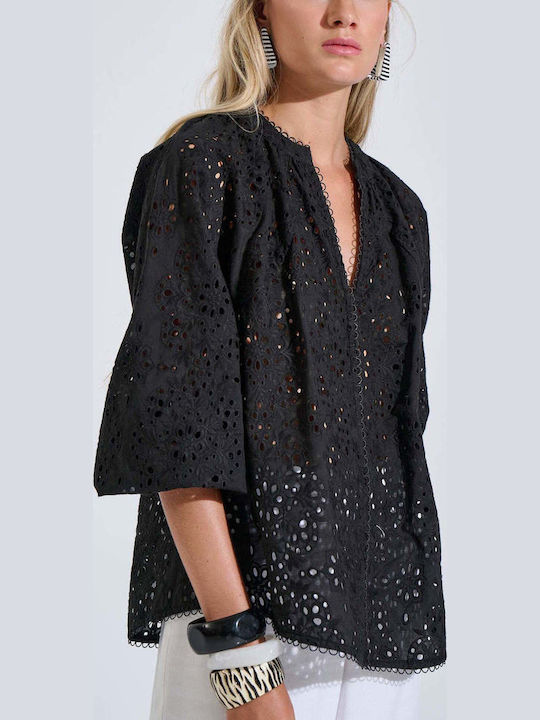 Damen Baumwollbluse mit 3/4 Ärmel Schwarz