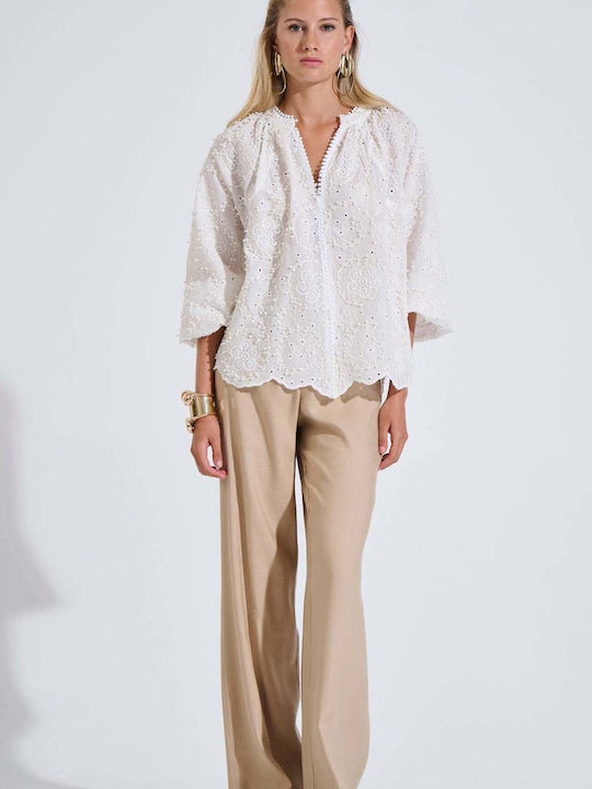 Damen Bluse Baumwolle mit 3/4 Ärmel & V-Ausschnitt Weiß