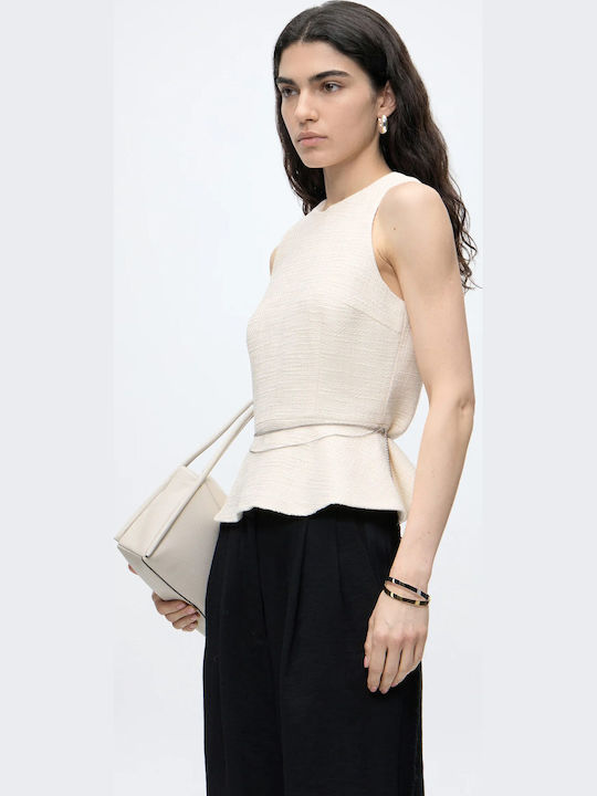 Damenbluse Baumwollarmes Top mit Reißverschluss Hell Beige