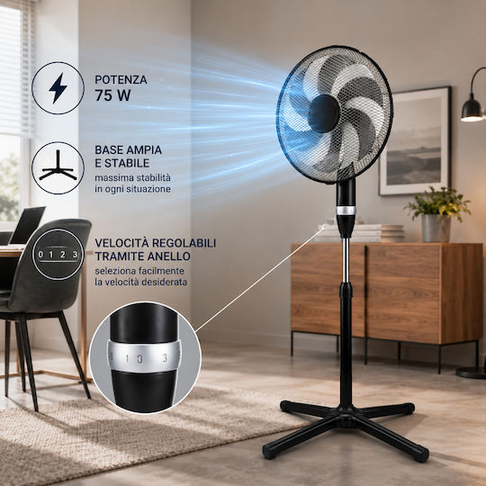 Bakaji Ανεμιστήρας Ορθοστάτης 75W Διαμέτρου 40cm Μαύρος