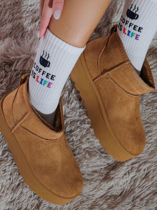 Suede Women's Ankle Boots with Fur Brown