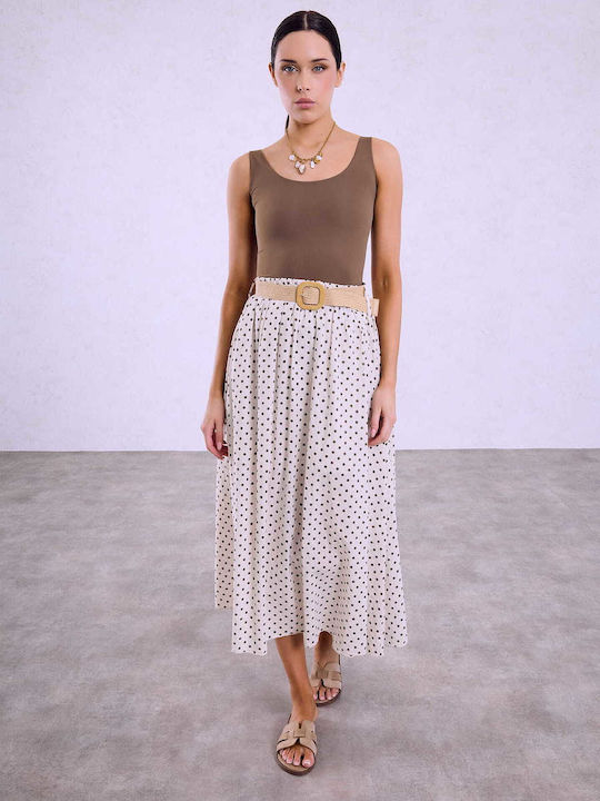 Celestino Women's Midi Polka Dot Skirt with Belt Beige