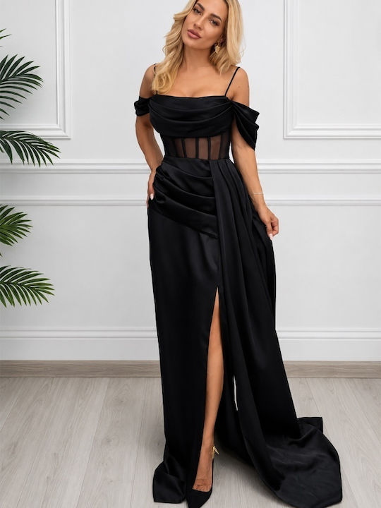 Sommer Abendkleid Strapless Satin Wickel mit Masche Schwarz