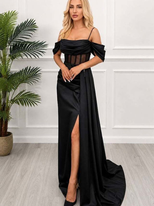 Sommer Abendkleid Strapless Satin Wickel mit Masche Schwarz