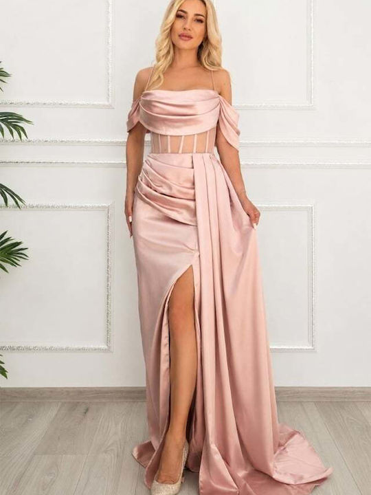 Sommer Abendkleid Slip Dress Satin Wickel mit Masche Rosa