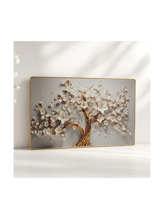 Pictură Decorativă Modernă Copac Înfloritor 3D Flori Albe Cristale Cadru Aurit 60x40 Cm
