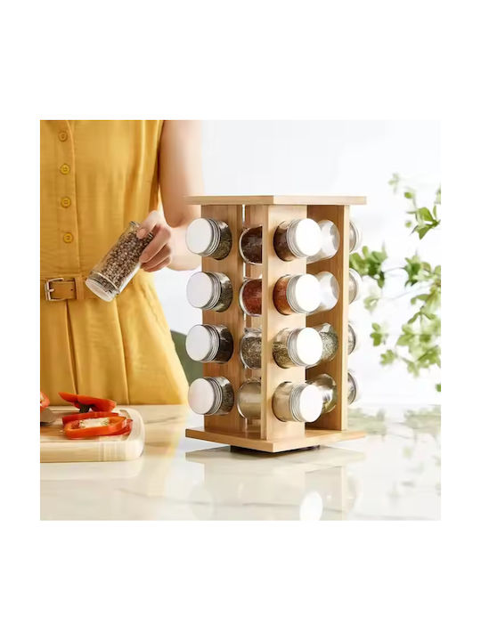 Elenzo Spice Jars from Bamboo on Rotating Base 16 Pieces