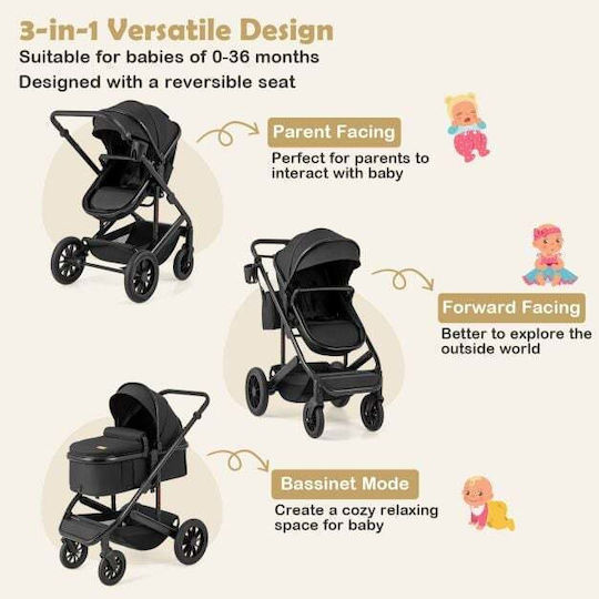 Costway Reversible 3 in 1 Baby Stroller Black