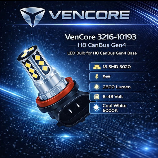 Vencore 3216-10193 H8 Canbus Gen4 Λάμπα Led Βάση H8 Canbus Gen4 18 Smd 3020 9w 2800 Lumen 8-48 Volt Ψυχρό Λευκό 6000k 3216-10193