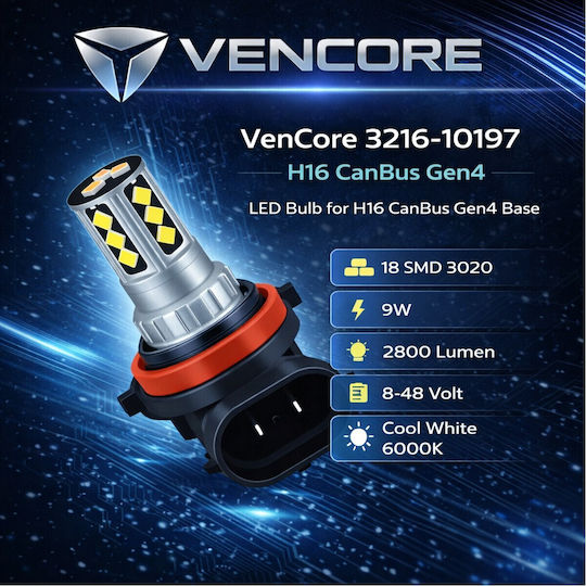 Vencore 3216-10197 H16 Canbus Gen4 LED Lamp Base H16 Canbus Gen4 18 SMD 3020 9W 2800 Lumen 8-48 Volt Cold White 6000K 3216-10197