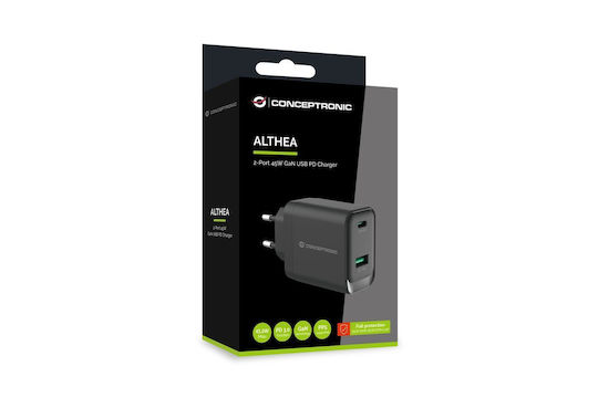 Conceptronic Φορτιστής Χωρίς Καλώδιο GaN με Θύρα USB-A και Θύρα USB-C 45W Power Delivery / Quick Charge 3.0 Μαύρος (ALTHEA20B45)