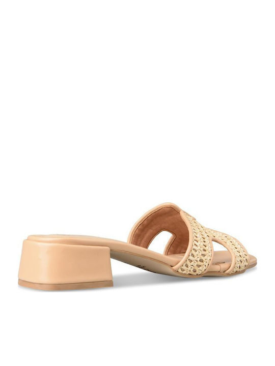 Leather Mules with Thin Heel in Beige Colour