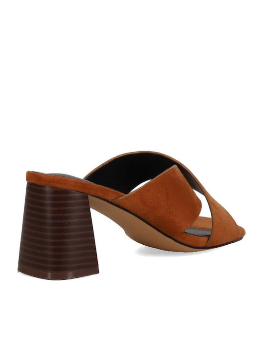 Suede Damen Pantoletten mit Chunky Hoch Absatz in Tabac Braun Farbe