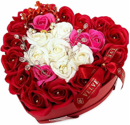 Aranjament Floral Regal 25 Trandafiri De Săpun Coroană Regală Aurie Accesorii De Lux În Cutie În Formă De Inimă Roșu-Roz-Alb
