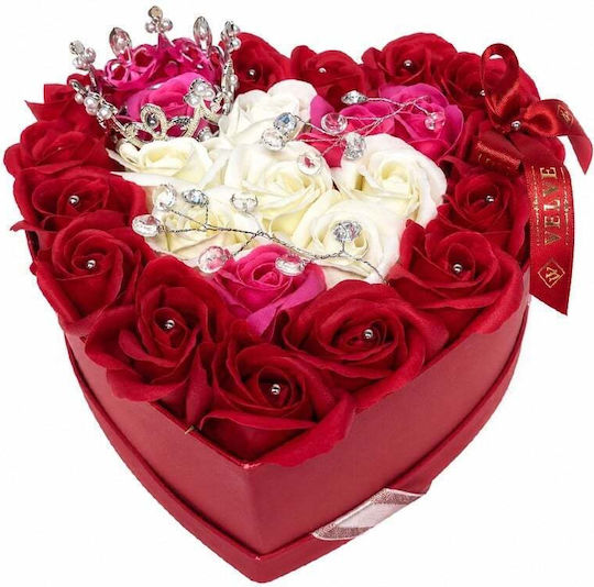 Royal Floral Arrangement 25 Soap Roses Silver Royal Crown Luxury Accessories In A Heart-shaped Box Red-pink-white
