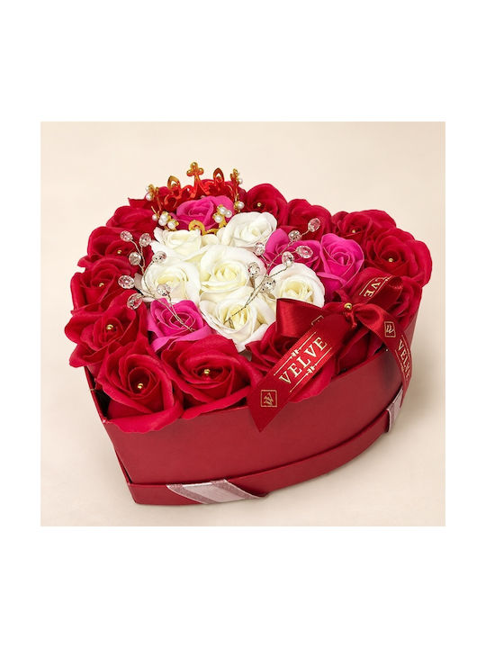 Aranjament Floral Regal 25 Trandafiri De Săpun Coroană Regală Aurie Accesorii De Lux În Cutie În Formă De Inimă Roșu-Roz-Alb