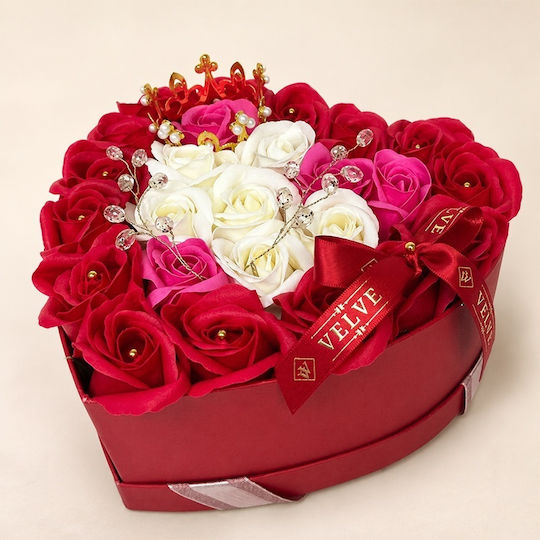 Royal Floral Arrangement 25 Soap Roses Golden Royal Crown Luxury Accessories In A Heart-shaped Box Red-pink-white