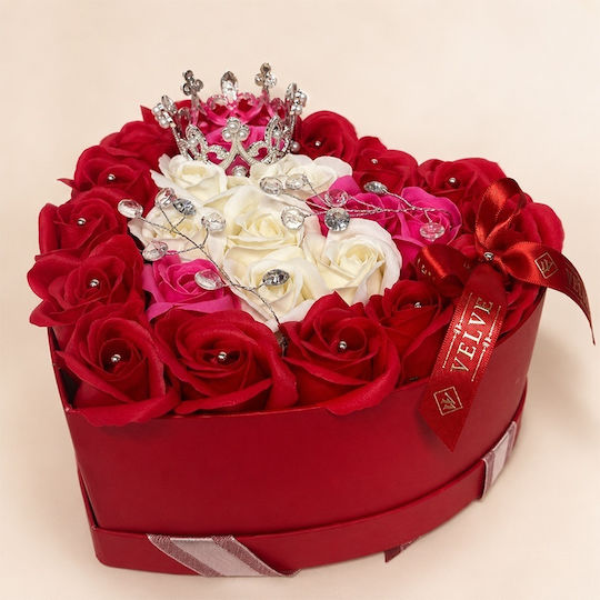 Royal Floral Arrangement 25 Soap Roses Silver Royal Crown Luxury Accessories In A Heart-shaped Box Red-pink-white