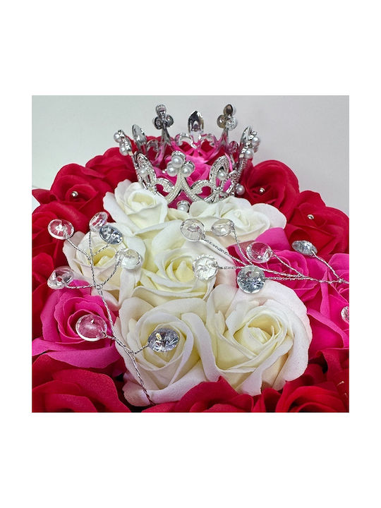 Aranjament Floral Regal 25 Trandafiri De Săpun Argintiu Coroană Regală Accesorii De Lux În Cutie În Formă De Inimă Roșu-Roz-Alb