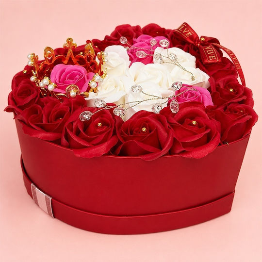 Royal Floral Arrangement 25 Soap Roses Golden Royal Crown Luxury Accessories In A Heart-shaped Box Red-pink-white