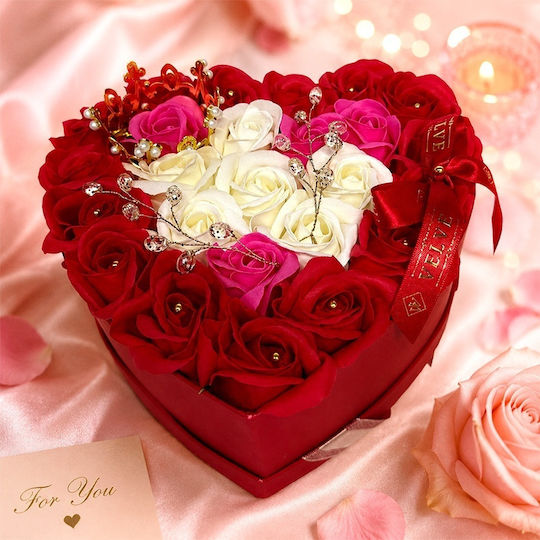 Royal Floral Arrangement 25 Soap Roses Golden Royal Crown Luxury Accessories In A Heart-shaped Box Red-pink-white