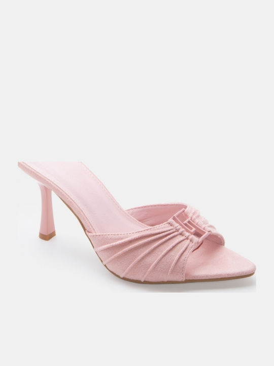 Pantofi Mules Dama De Catifea Cu Toc Înalt Roz