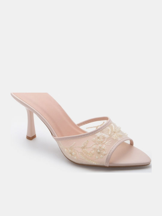 Damen Pantoletten mit Hoch Absatz in Beige Farbe