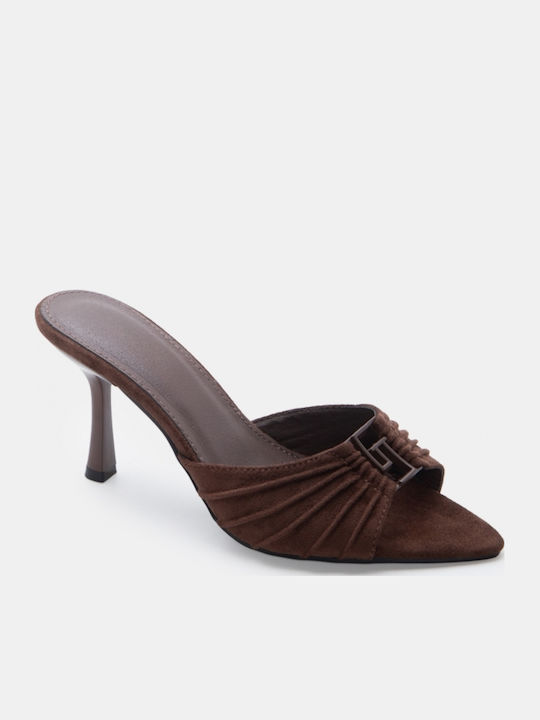 Suede Damen Pantoletten mit Hoch Absatz in Brauner Farbe