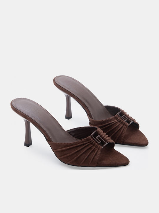 Suede Damen Pantoletten mit Hoch Absatz in Brauner Farbe