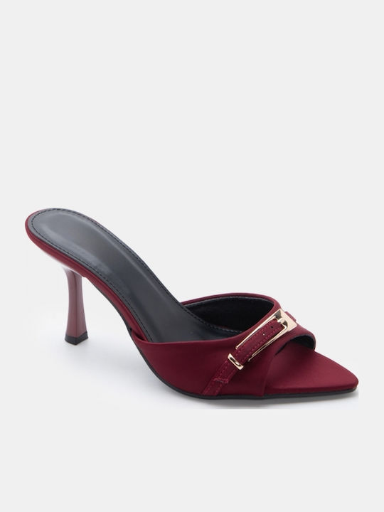 Satin Mules With High Heel In Burgundy Colour