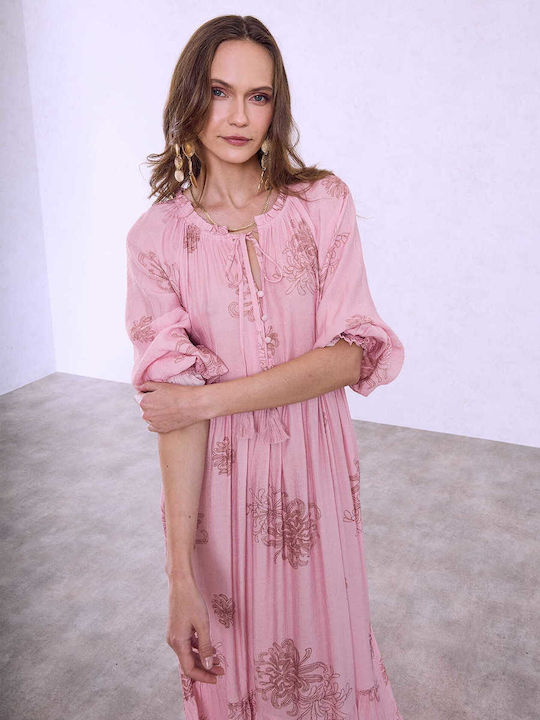 Celestino Rochie De Damă Maxi Cu Volane Decolteu Loose Fit Roz