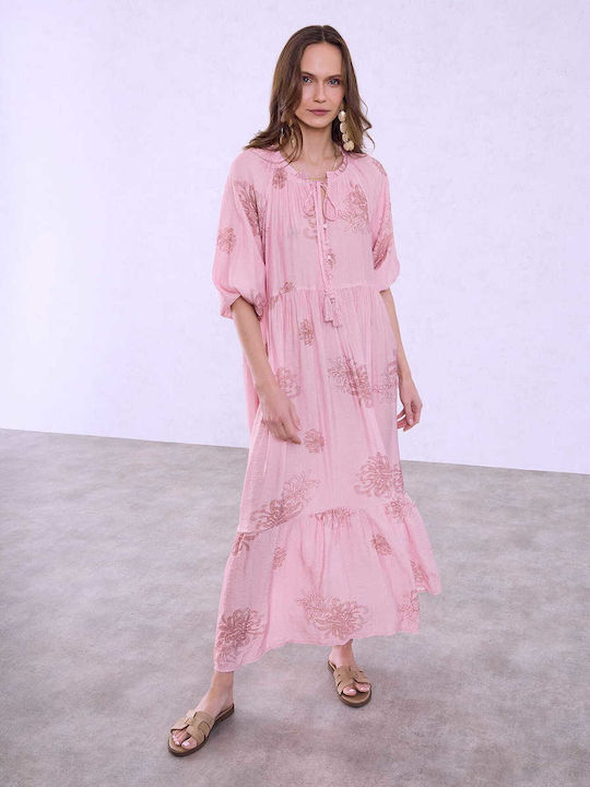 Celestino Rochie De Damă Maxi Cu Volane Decolteu Loose Fit Roz