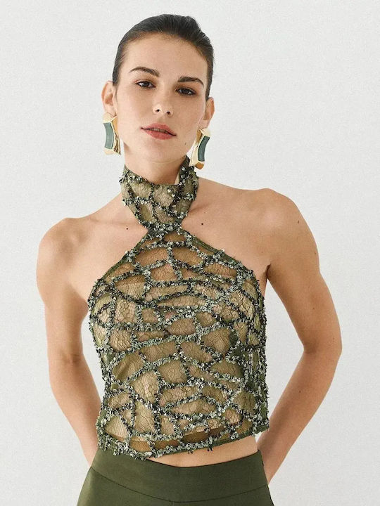 Women's Sleeveless Blouse with Neck Tie Olive