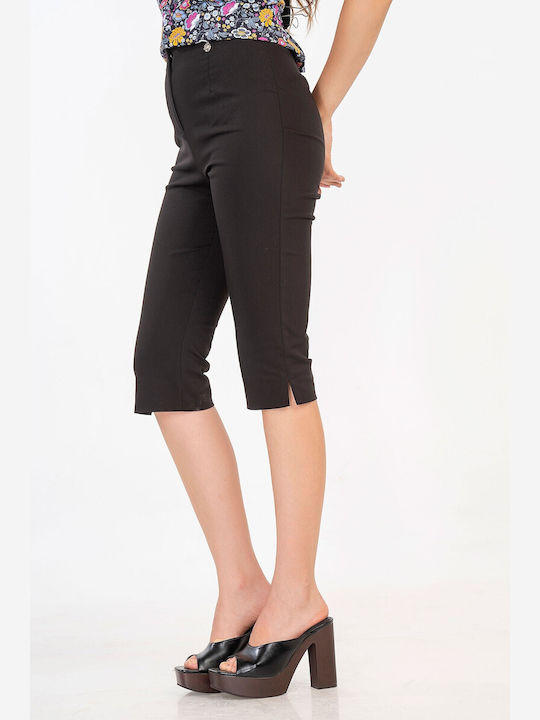 Women's High Rise Fabric Capri Trousers with Rubber Band in Regular Fit Black