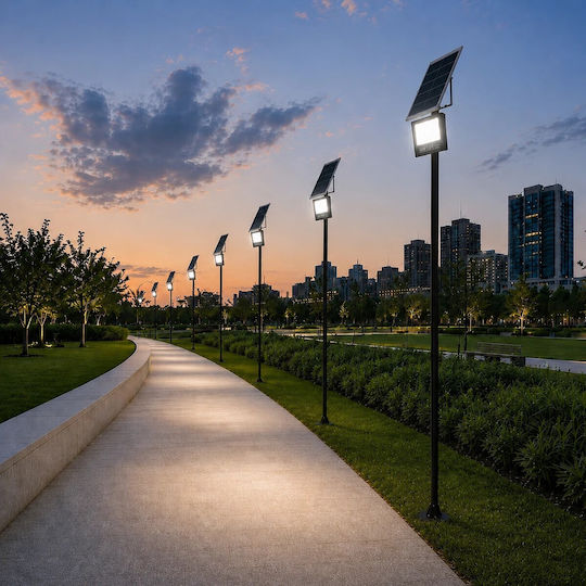 Globostar Helios-280 Glb-000-0002 Metal Galvanized Lighting Pole Solar Spotlight Outdoor Ral 9005 Black Matte W35 × D25 × H280cm Glb-000-0002