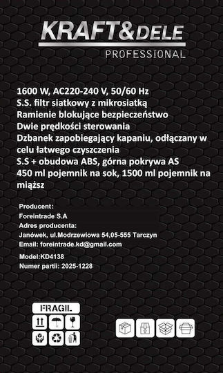 Kraft & Dele Storcător de fructe 1600W Gri
