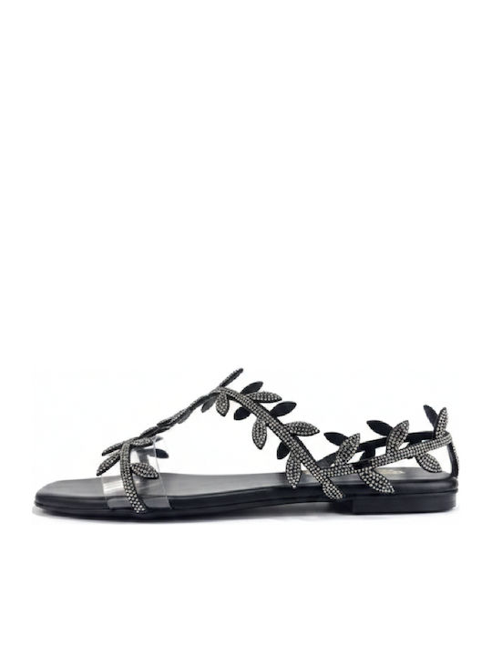 Leather Women's Flat Sandals Black 7854-Black