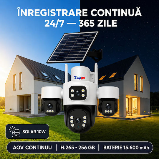 Taggo TAGGO-PRO-Q50-1PANOU IP Cameră de Supraveghere 4G 15MP Impermeabilă cu Baterie cu Comunicare Bidirecțională și Obiectiv 1.6mm