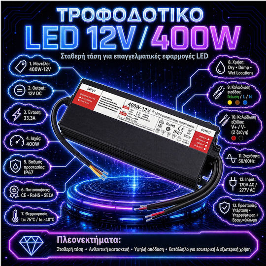 VenCore LED Power Supply Waterproof IP67 Power 400W with Output Voltage 12V
