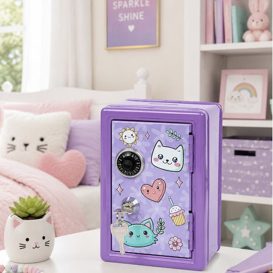 Pufo Kitty Safe Kids Combination Lock Key Cat Pattern Piggy Bank Savings Box Money Coins Small Items
