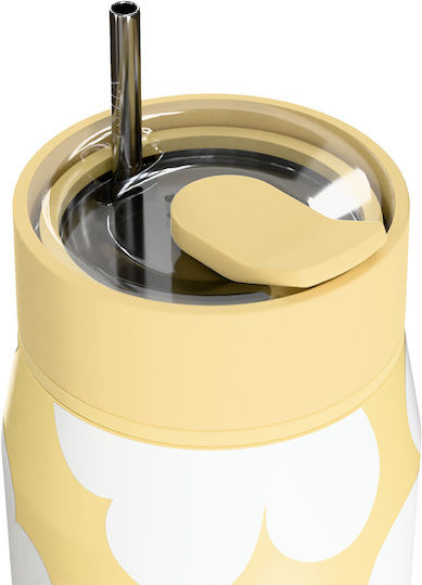 Estia Lens Save The Aegean Thermos Bottle Stainless Steel BPA Free 360ml Yellow Daisy with Straw
