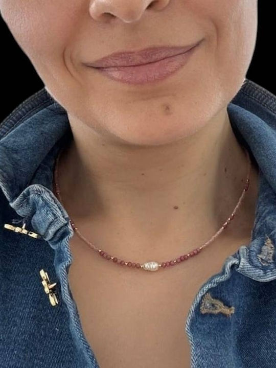Ezera Choker Mit Herz-Design Aus Vergoldetem Silber Mit Rosafarbenen Perlen